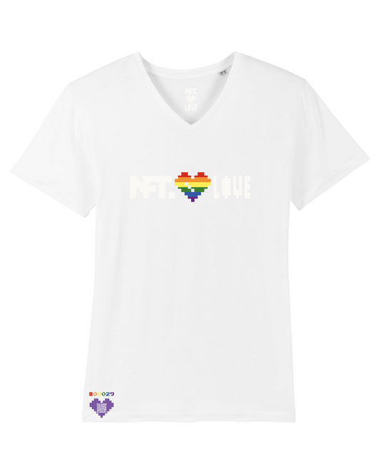 NFT.love | Pride Kollektion | weisses Herren V-Neck T-Shirt mit Proof of Ownership via waschfestem NFC Chip