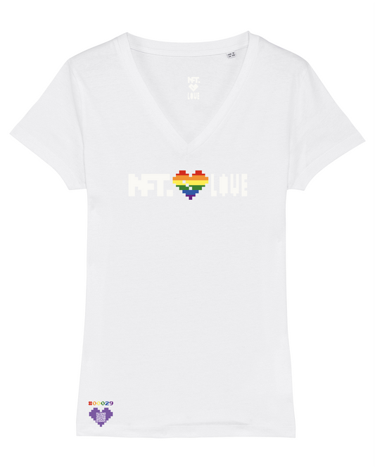 NFT.love | Pride Kollektion | weisses Damen V-Neck T-Shirt mit Proof of Ownership via waschfestem NFC Chip